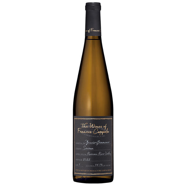 A tall, slender wine bottle with a black label on a dark background. The label text describes a 2022 Gewürztraminer from Russian River Valley.