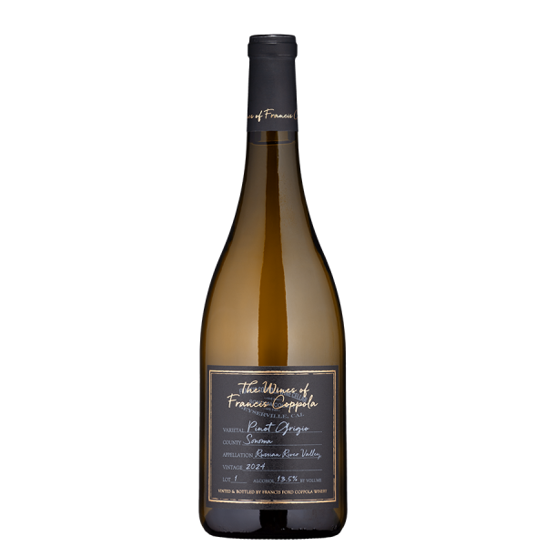 A bottle of Pinot Grigio wine with a dark label featuring gold cursive text on a black background. The label details origin and vintage, set against a black backdrop.
