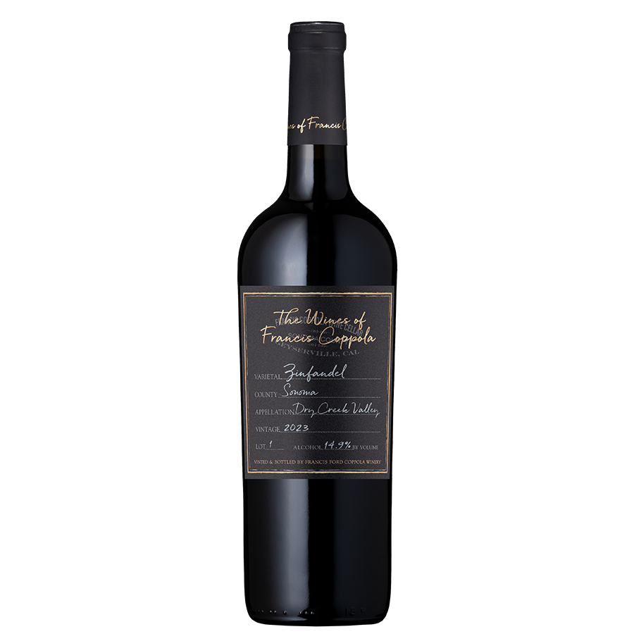 A wine bottle labeled "The Wines of Francis Coppola," featuring Zinfandel, Sonoma, Dry Creek Valley, vintage 2023. Elegant, sophisticated vibe.