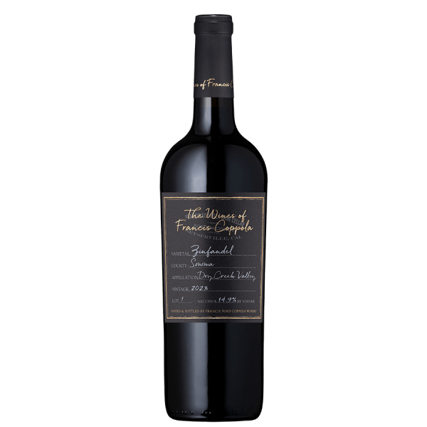 A wine bottle labeled "The Wines of Francis Coppola," featuring Zinfandel, Sonoma, Dry Creek Valley, vintage 2023. Elegant, sophisticated vibe.