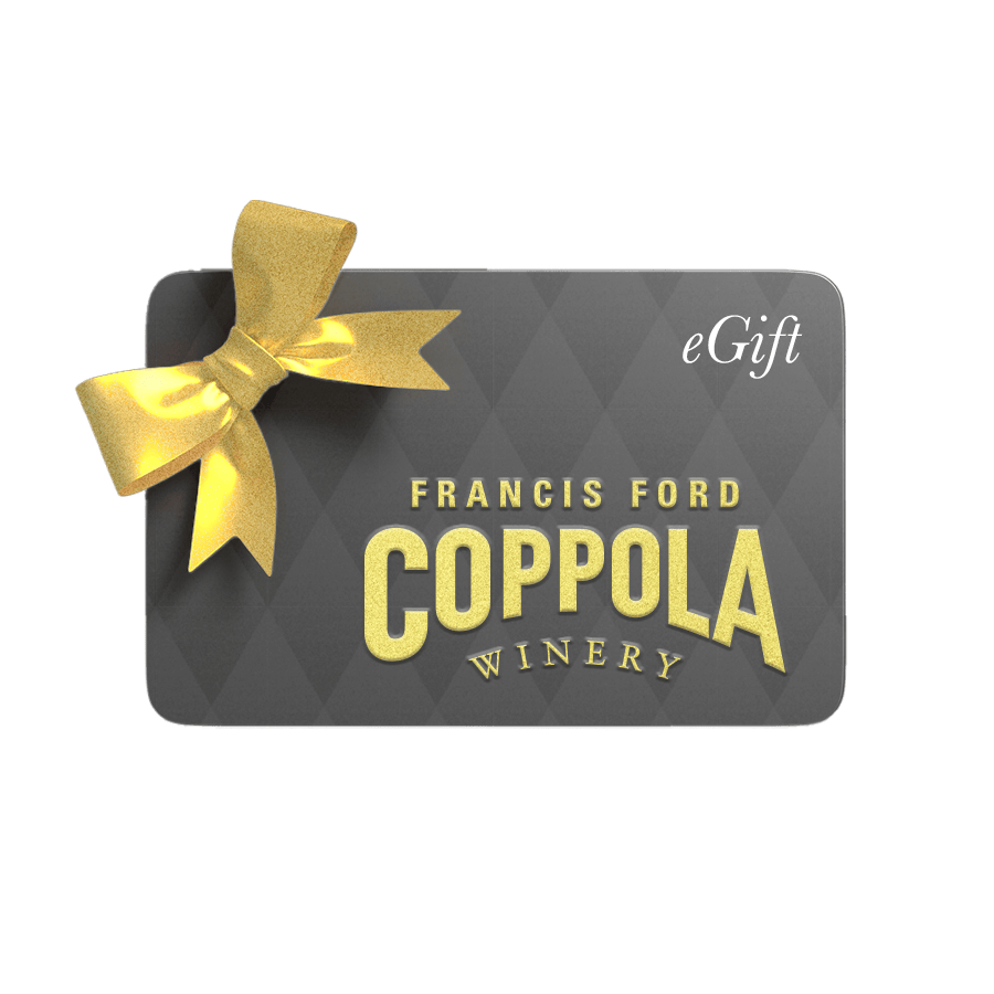 A gray gift card displays "Francis Ford Coppola Winery" in bold gold letters, with a shiny gold bow on the left. The word "eGift" is in the top right.