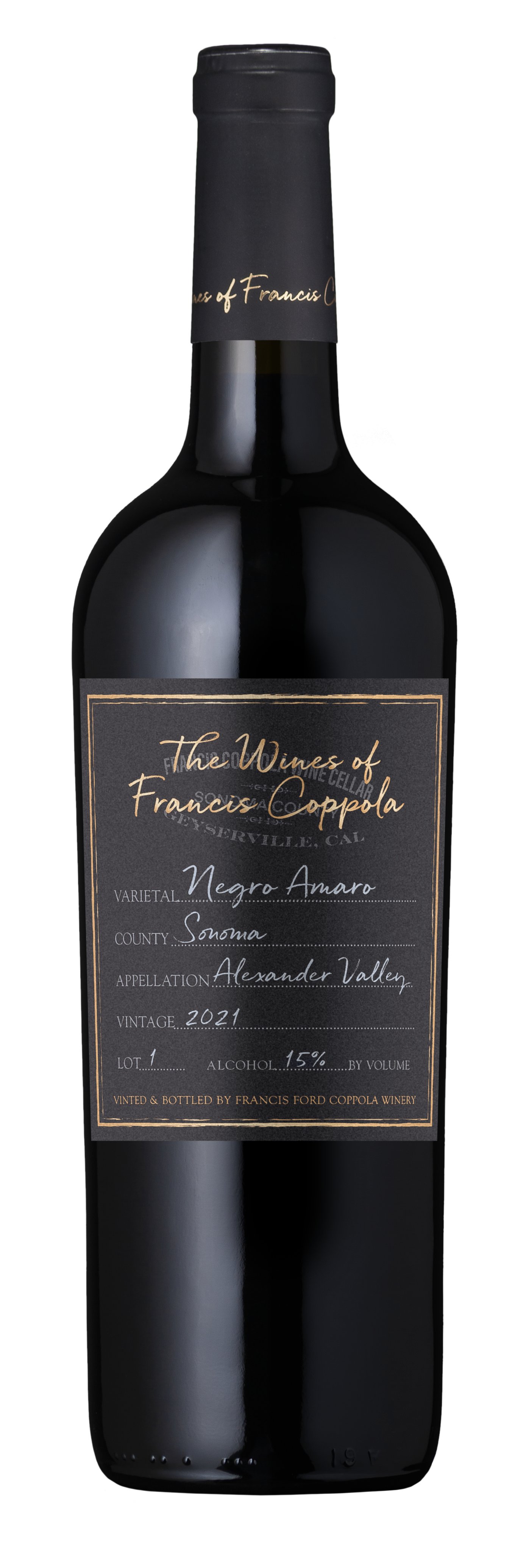A sleek bottle of red wine featuring a gold and white cursive label from The Wines of Francis Coppola. The vintage is 2021, from Alexander Valley.