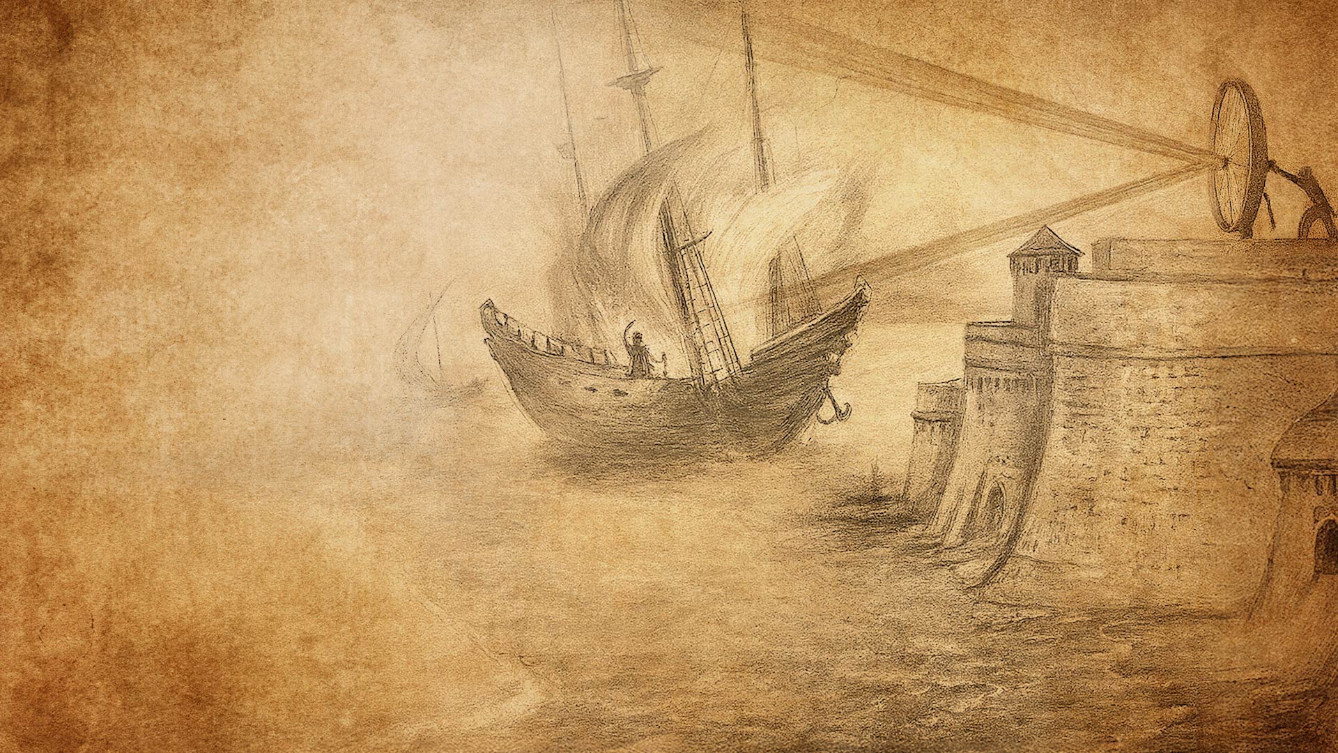 Sepia-toned illustration of a vintage ship approaching a fortified harbor. A large magnifying glass directs sunlight, setting the ship's sails alight, creating a tense and dramatic scene.