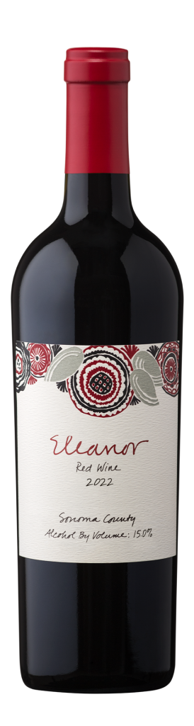 A bottle of Eleanor Red Wine 2022 from Sonoma County. The label features red and black floral patterns with gray leaves and elegant handwriting.
