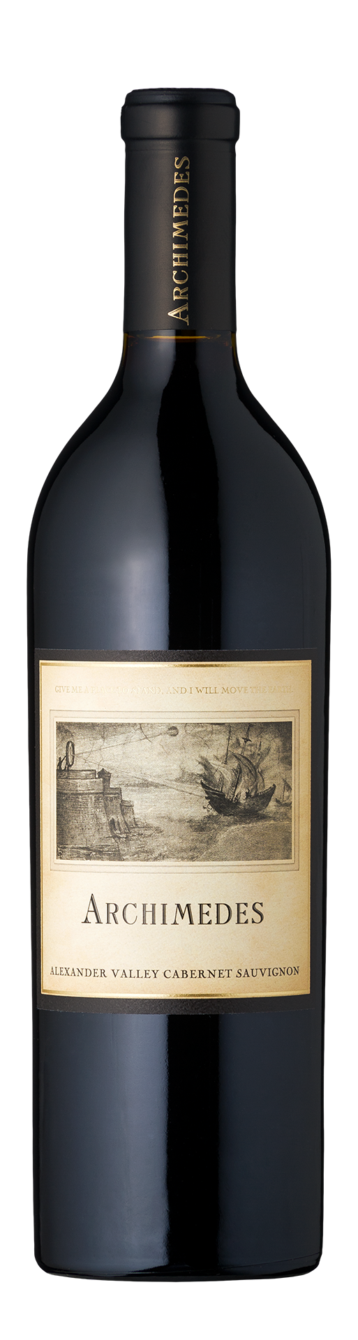 A wine bottle labeled "Archimedes," featuring an elegant, historic-style illustration of a ship on water. The label is beige with black serif text.