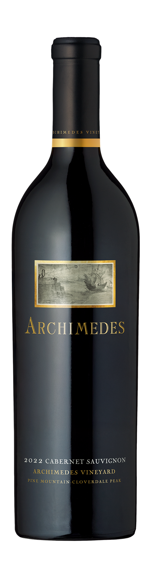 A bottle of Archimedes Pine Mountain Cabernet Sauvignon with a detailed label depicting an ancient woodcut-style illustration, exuding elegance and sophistication..