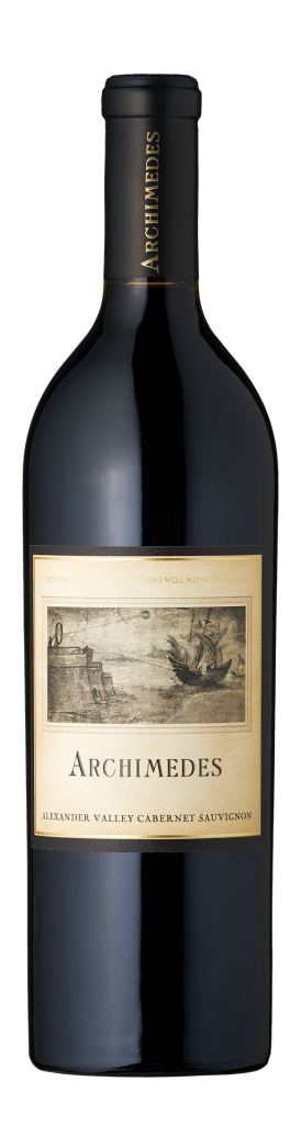 A bottle of Archimedes Alexander Valley Cabernet Sauvignon with a detailed label depicting an ancient woodcut-style illustration, exuding elegance and sophistication.