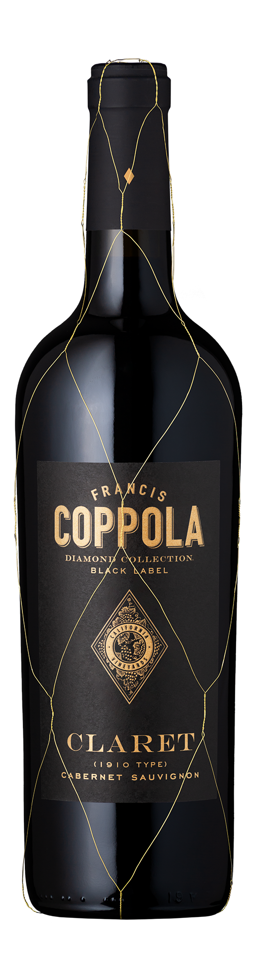 A black wine bottle with a gold wire netting. The label reads "Francis Coppola Diamond Collection Black Label Claret" in elegant gold text.