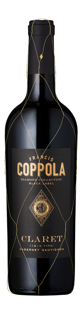 A black wine bottle with a gold wire netting. The label reads "Francis Coppola Diamond Collection Black Label Claret" in elegant gold text.