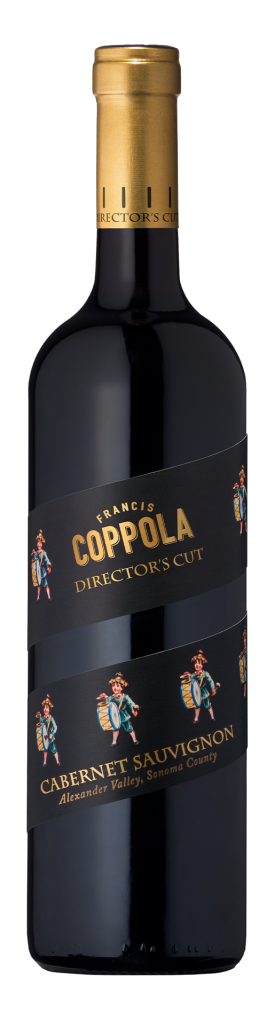 Dark wine bottle with a gold cap and label reading "Francis Coppola, Director's Cut, Cabernet Sauvignon." Features artistic figures and elegant design.