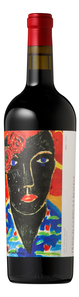 Francis Ford Coppola Reserve Syrah Wine bottle with a red cap, featuring vibrant artwork of a person's face in bold colors. The expressive design conveys warmth and intrigue.