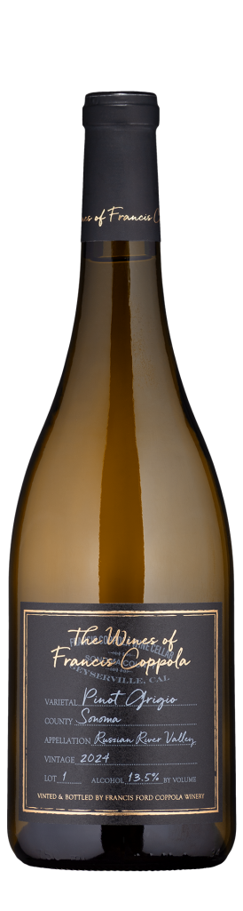 A bottle of 2024 Wines of Francis Coppola Pinot Grigio wine with a beige label and elegant script. It has a black foil neck, set against a black background, exuding sophistication.