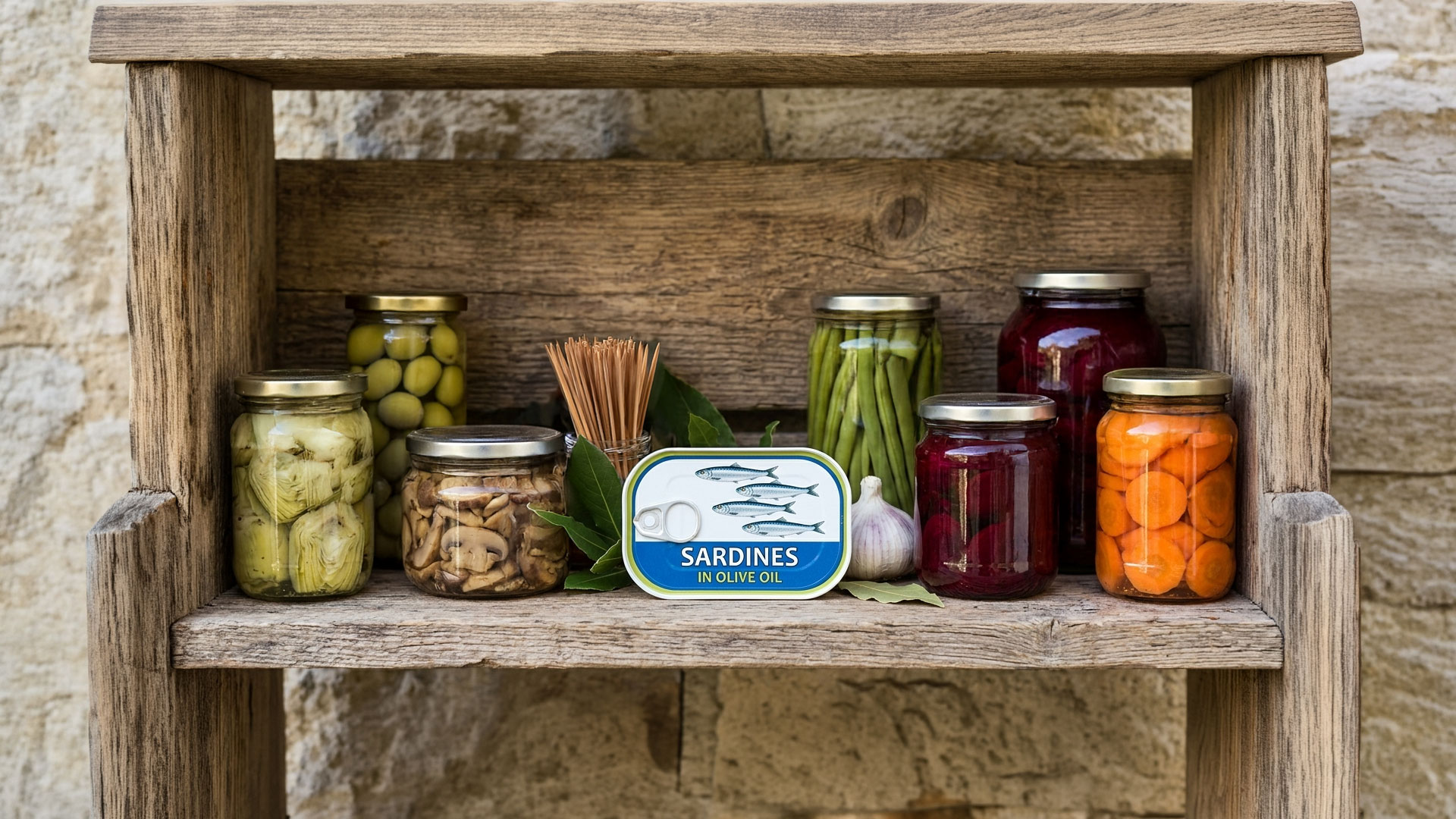 Various marinated and pickled vegetables with a can of sardines, pictured on a rustic wood shelf