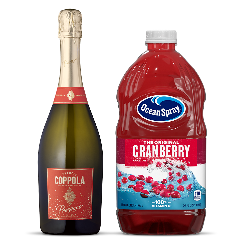 A bottle of Diamond Coppola Prosecco next to a bottle of Ocean Spray Cranberry juice