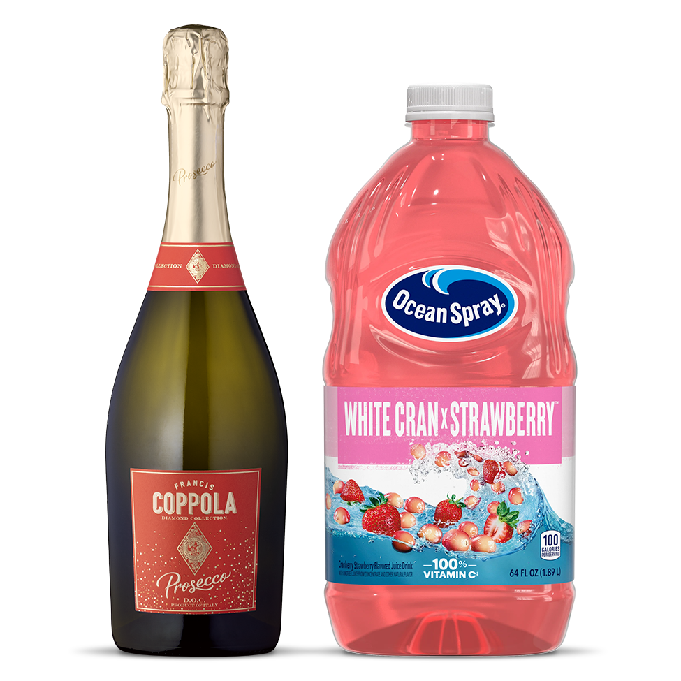 A bottle of Diamond Coppola Prosecco next to a bottle of Ocean Spray White Cran Strawberry juice