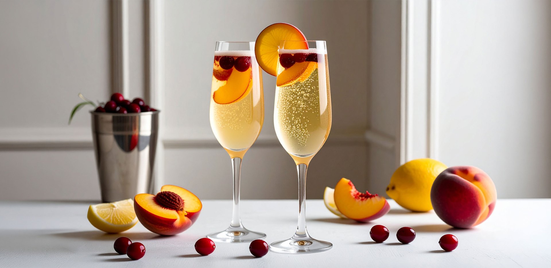 Photo of two White Cranberry Peach Bellini cocktails